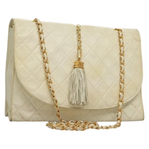 CHANEL Matelasse Chain Shoulder Bag Lamb Skin White Gold CC Auth 132172 - Picture 1 of 16